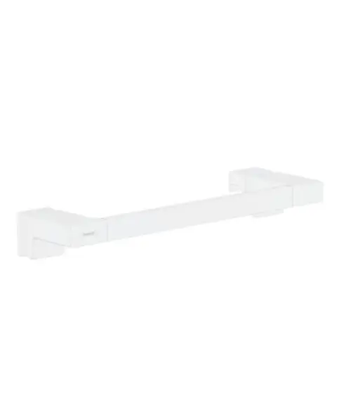 Weißer Duschtürgriff von Hansgrohe mit klaren Linien und einem minimalistischen Design, montiert auf einer hellen Oberfläche.
